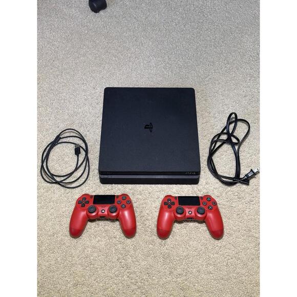 Sony PlayStation 4 Slim 500GB Console / 2 Dualshock Red Controllers / Cords